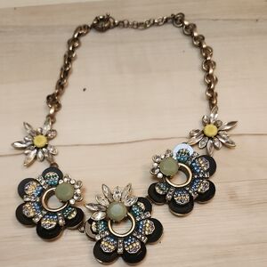 Floral Statement Necklace with Green and Yellow Accents